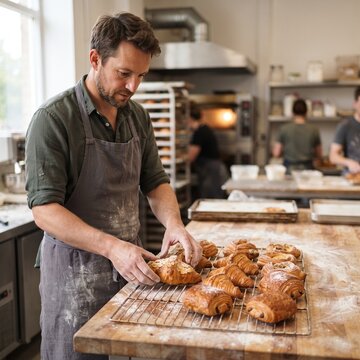 A baker, covered in flour, arranges freshly baked croissants and pastries on a cooling rack in a rustic, sun-drenched kitchen, showcasing the art of artisanal baking.
