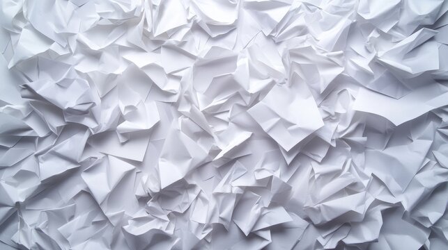 The image shows a large surface covered with wrinkled, crumpled sheets of white paper. The paper appears to be scattered randomly, creating a textured and chaotic pattern across the entire area