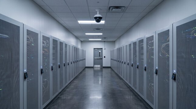 Row of grey server racks in a bright data room with a dome camera on the ceiling above