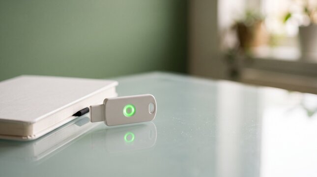 White usb security key with a glowing green ring resting on a glass desk beside a notebook