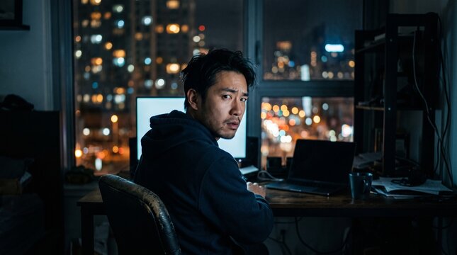 Asian man looking over his shoulder with a wary expression at a dark desk late at night
