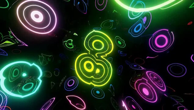 abstract high-resolution 4K digital art illustration stock video features a mesmerizing continuously looping pattern design composed of geometric circles illuminated by a vivid graphic neon rainbow