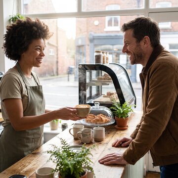A friendly barista with a warm smile hands a cup of coffee to a customer at a cozy cafe counter, creating a welcoming atmosphere.