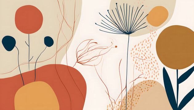 Botanical abstract art with organic forms and floral details in subdued earthy hues