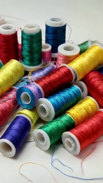crisp high-quality 4K zoom-out shot shows multicolored thread spools arranged neatly on a white table highlighting craft supplies textile creativity and detailed fiber textures making it a