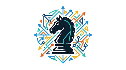 Chess knight logo with abstract arrows and digital network lines for strategic business icon. © sate