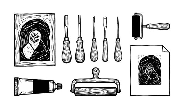 Linocut block printing tools set illustration hand drawn printmaking supplies equipment sketch.
