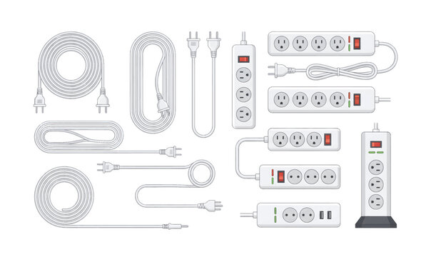 Set of electrical power extension cords plugs surge protectors and cable reels vector illustration.