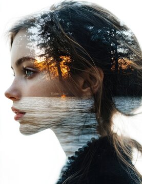 The image features a side profile of a young woman with her face looking to the left, blending seamlessly with a landscape scene