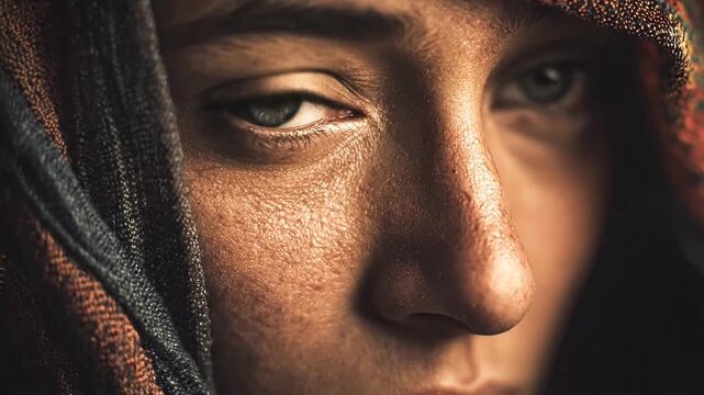 Close-up of human eyes behind fabric veil.