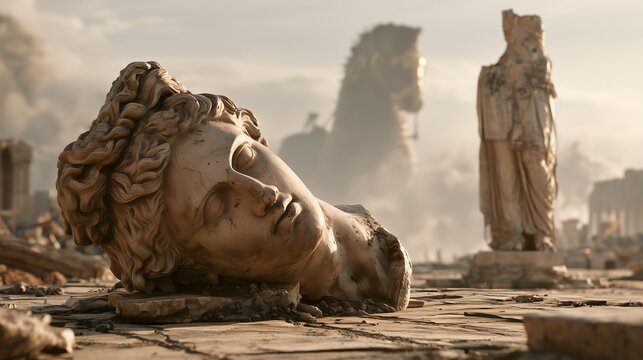 Classical marble Athena goddess head sculpture bust lying in ancient Greek ruins with statues columns warm golden sunlight for archaeological decor museum,Homer epic style