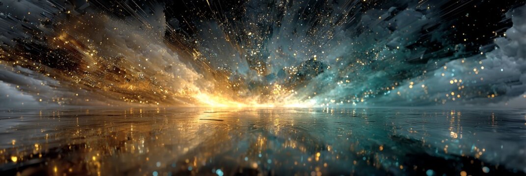 Kpop Cosmic burst with golden teal particle spark, glowing reflection on water, fantasy backdrop for poster, book cover, gaming banner, event flyer, epic wallpaper