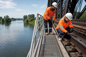 Fototapeta premium Railway Track Inspection Training Two Inspectors Examine Bridge From Protected Walkway