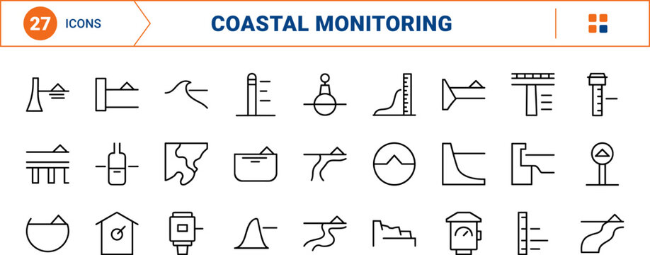High tide mark line icon set. Vector pictograms of coastal, ocean, environmental, and monitoring elements, thin linear illustration.