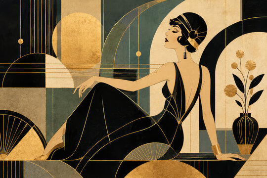 Art Deco Woman in Black Dress with Geometric Gold Background