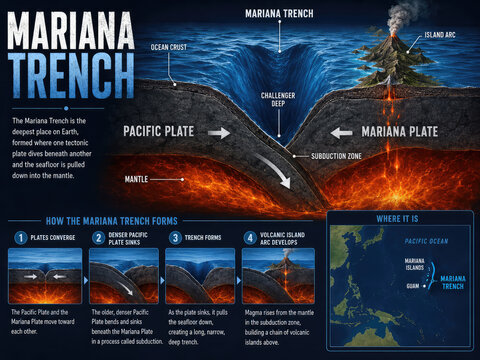 Mariana Trench Formation and Tectonic Plate Subduction Infographic