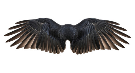 Naklejka premium Detailed raven wings spread in a dynamic pose showcasing feather texture on transparent background feathers avian bird flight plumage