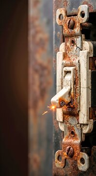 Close-up of a dilapidated rusted toggle switch with an orange spark. Faulty aged metal electrical short hazard