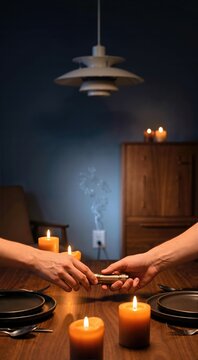 Hands passing a brass flashlight over a candlelit dinner table. Power outage blackout with faint electrical short in background