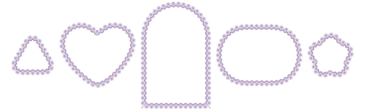 Lavender daisy eyelet lace borders outline triangle, heart, arch, ellipse plus pentagon frames on white as vintage spring wedding trim set for invitations or feminine craft labels.