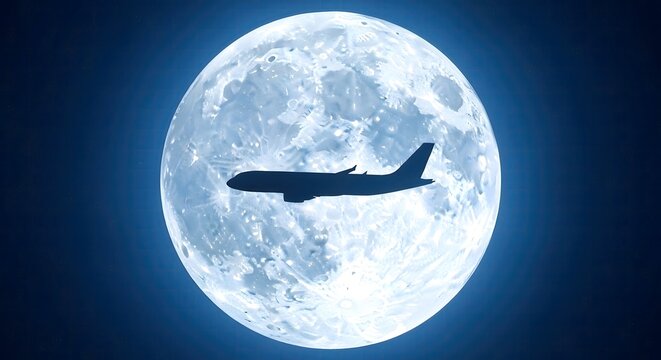 Airplane Silhouette Flies Across Large Full Moon Sky