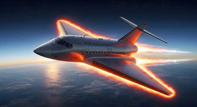 Fast Jet Plane Accelerating Through Atmosphere Above Clouds