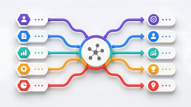 Business workflow infographic with colorful data mapping network connection and strategy icons