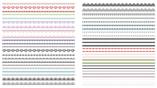 Mixed lace border trim set in black, red, pink, green, blue with scalloped crochet patterns, heart motifs, bow accents on white background for wedding dividers, craft stationery labels.