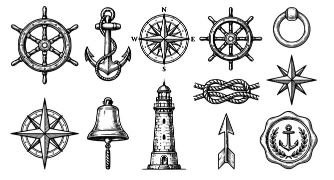 Vintage nautical ship wheel anchor compass and maritime symbols vector set