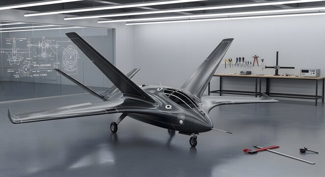 Futuristic Aircraft Design in Workshop with Blueprints