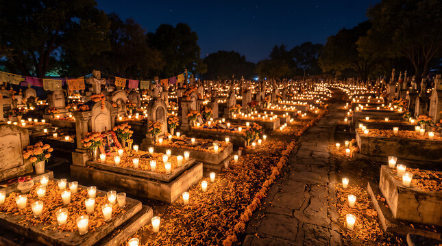 Glowing candles illuminate cemetery graves during Day of the Dead celebration at night, marigold flowers decoration. Mexican carnival Dia de los Muertos or Day of the Dead Catrina with copy-space.