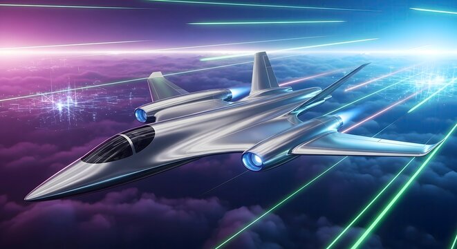 Futuristic Silver Jet Flies Through Digital Clouds and Light Streams