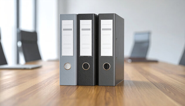 Three Ring Binders on Table: Three organized ring binders stand on a polished wooden table, representing business, data, and documentation.