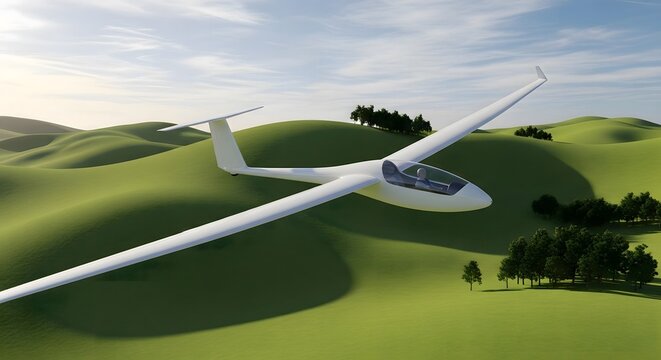 Glider Aircraft Soaring over Green Rolling Hills Landscape