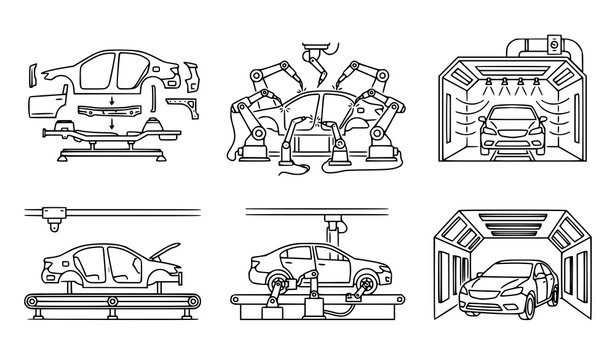 Car factory assembly line art icon set with automotive manufacturing outline vectors