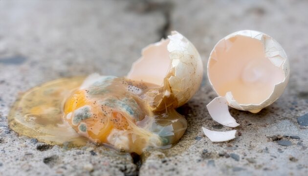 Cracked raw egg left to spoil on a rough concrete surface.