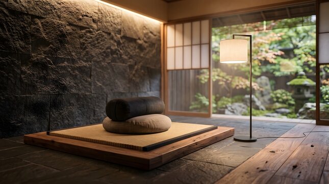 Round zafu meditation cushion placed on wooden tatami mat. Modern japanese zen room with rustic stone wall, for mindfulness peace concept.