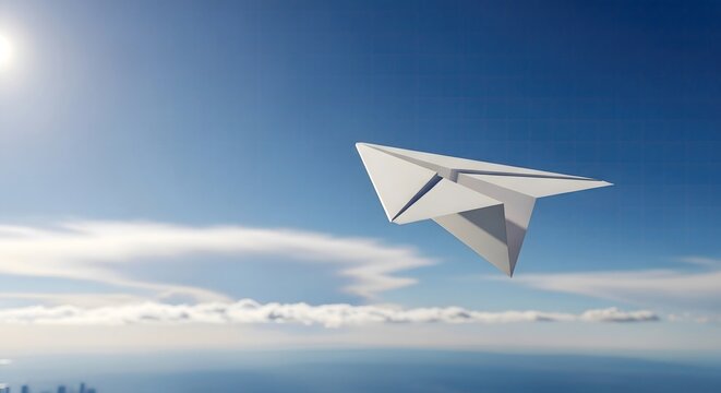 Paper Airplane Soaring High Above the Clouds and Ocean