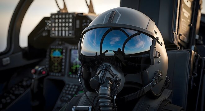 Pilot Wears Helmet in Fighter Jet Cockpit with Sky Reflection