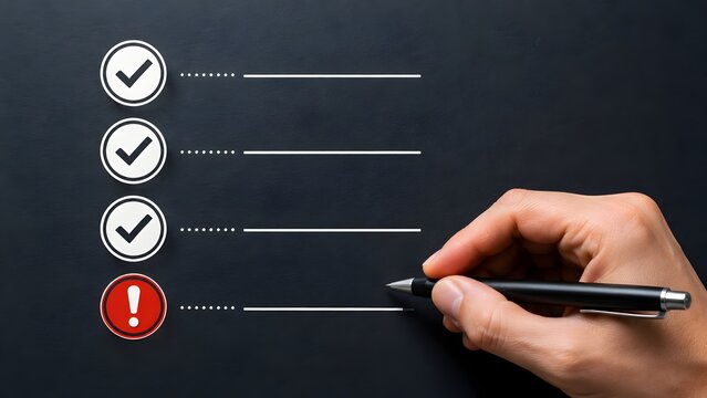 Hand holding pen pointing to red exclamation circle on checklist. Concept of final inspection failure, audit discrepancy, and compliance risk.