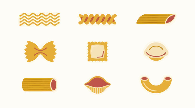 Flat design icon set of nine different pasta shapes on a light background, graphic elements