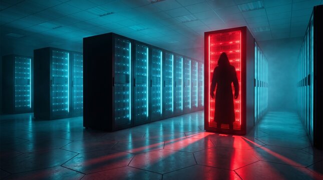 Mysterious Hooded Hacker Silhouette Standing In Front Of Red Glowing Server Rack