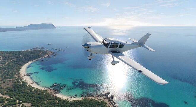 Small White Airplane Flying over a Turquoise Ocean and Tropical Island