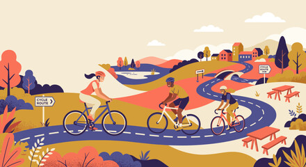 Naklejka premium Group of cyclists riding on a winding road through a colorful autumn landscape with hills and trees