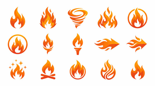 Set of various stylized fire flame icons and symbols for graphic design.