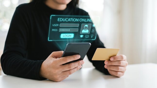 Person holding smartphone displaying glowing virtual online education login interface and holding credit card while sitting at desk during digital payment process user student