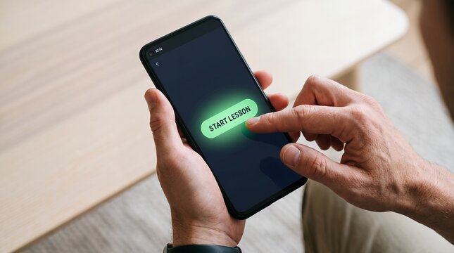 Person holding modern smartphone and tapping green start lesson button on touchscreen display during online education course or remote learning session indoors close up view