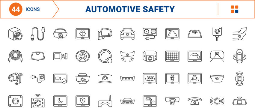Reverse Camera View line icon set. Vector pictograms of vehicle safety, driver assistance, parking sensor, and automotive technology elements, thin linear illustration.