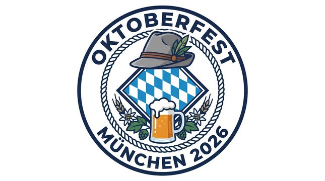 Munich Oktoberfest 2026 emblem with checkered diamond and alpine hat.