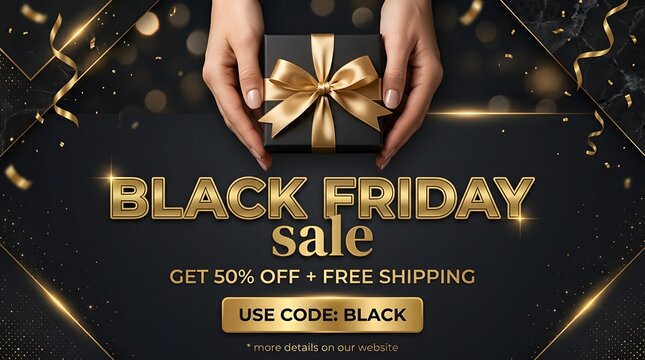 Black friday sale banner with gift box and golden text